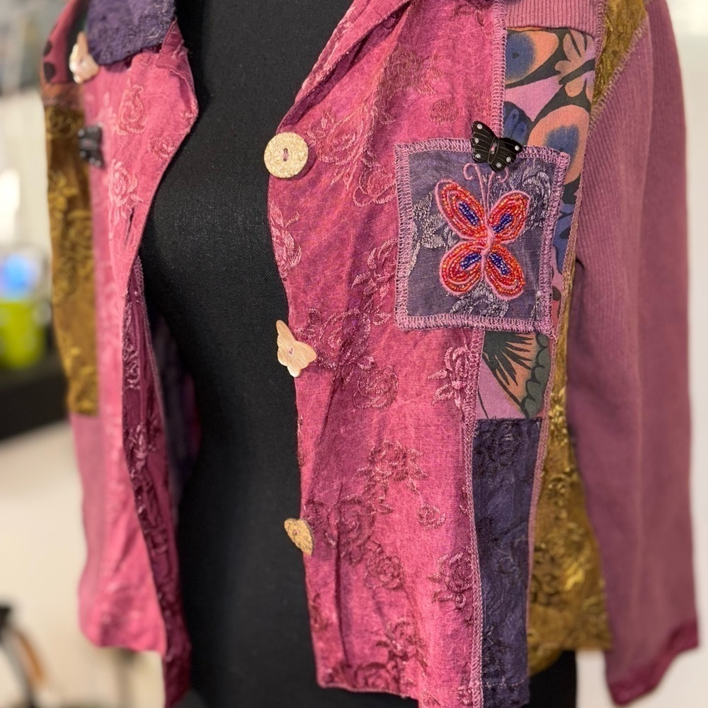 Vintage L Surya Art to Wear Eclectic Patchwork Eclectic Boho oversized Jacket XS View 3